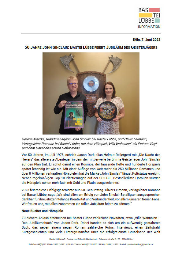 50 Jahre John Sinclair: Bastei Lübbe feiert Jubiläum des Geisterjägers